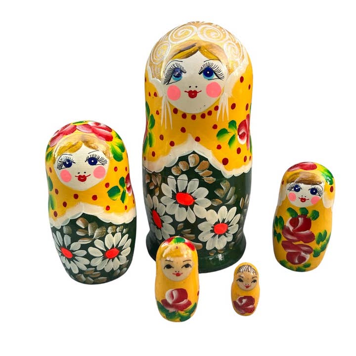 Floral Nesting Dolls Set, 5 Pcs/5.5" Yellow for wholesale by GSZ corporation DBA Gabriella's Gifts