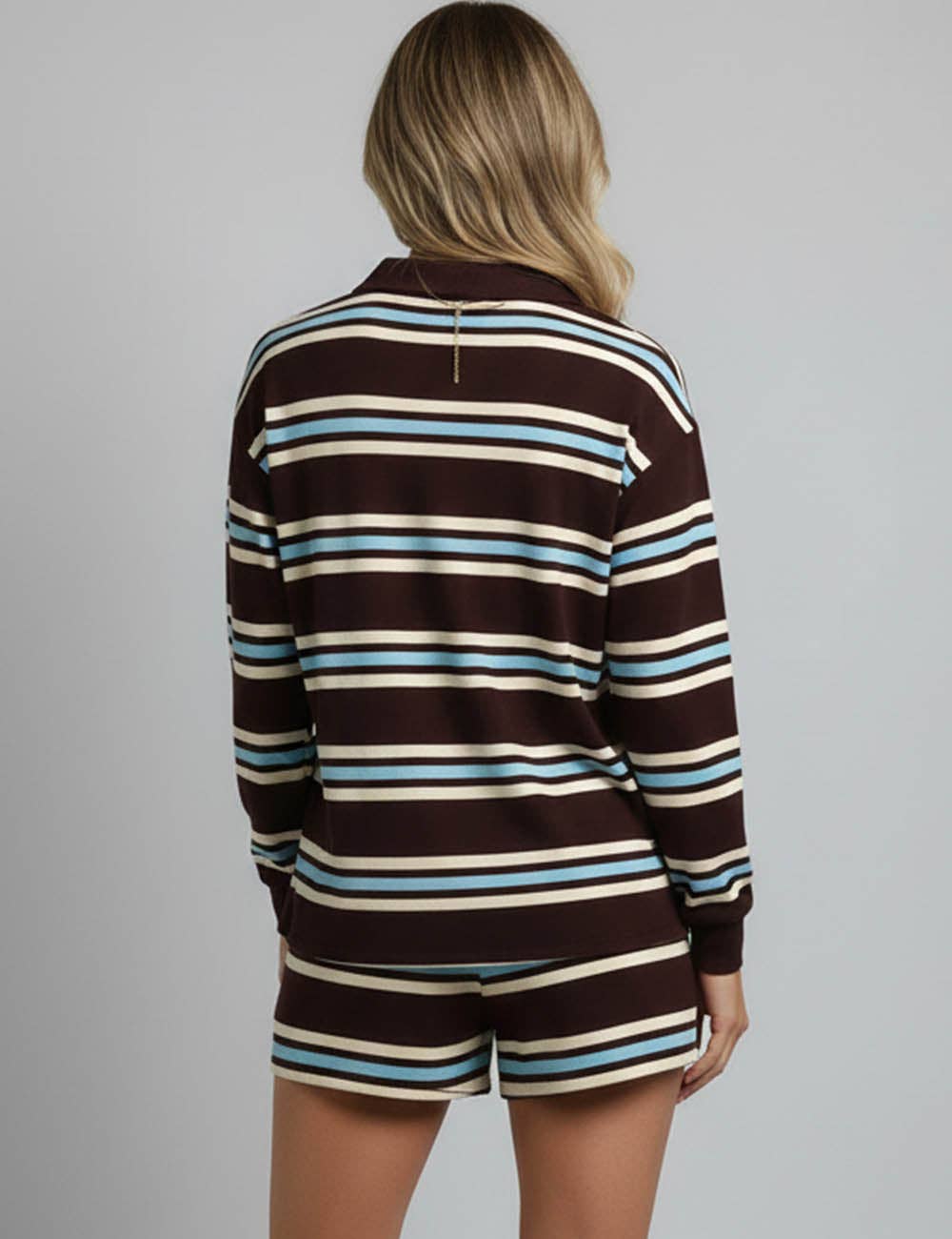 Brun Damers randiga polokrage bredbent sweatshirt och shorts set för wholesale på Faire2