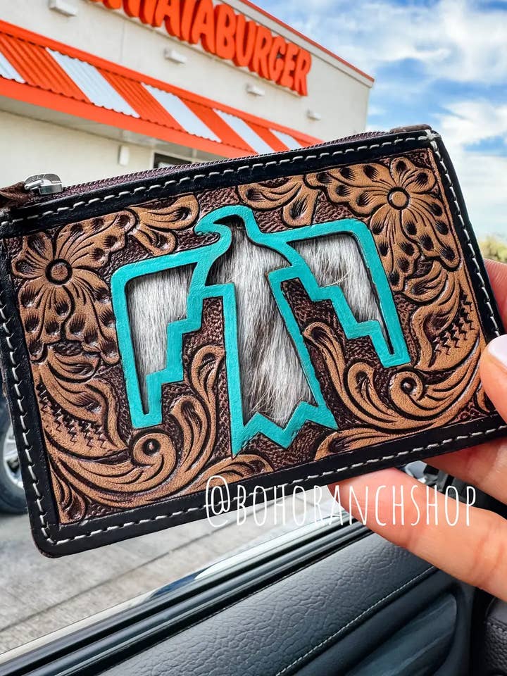 Western Cowhide Leather Keychain Wallet Longhorn Thunderbird for wholesale by Boho Ranch Shop