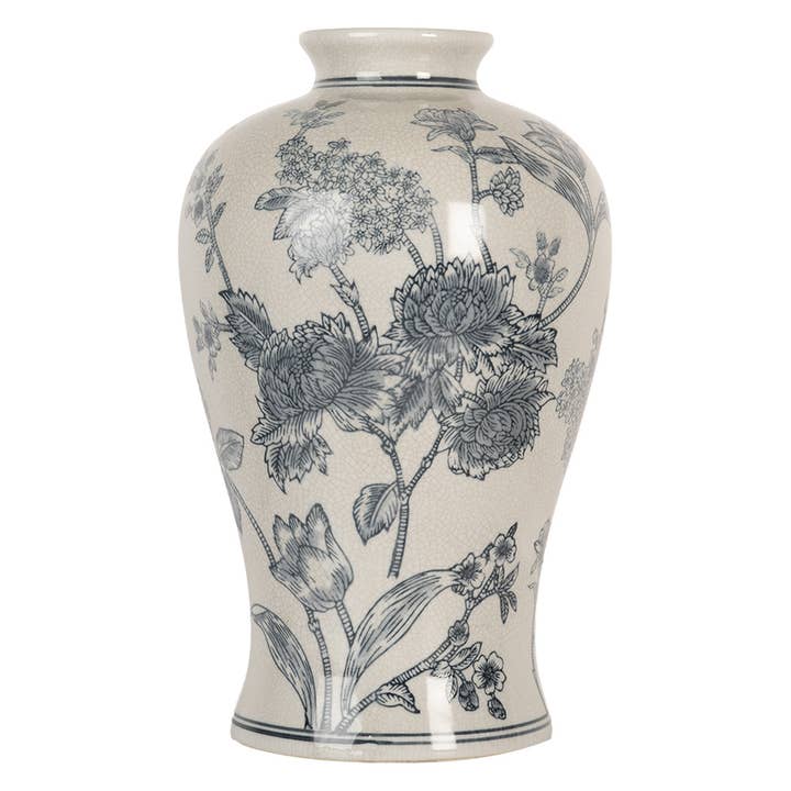 6CE2072 Vaso Ø 19x32 cm Branco Azul Cerâmica Flores por atacado de Clayre & Eef
