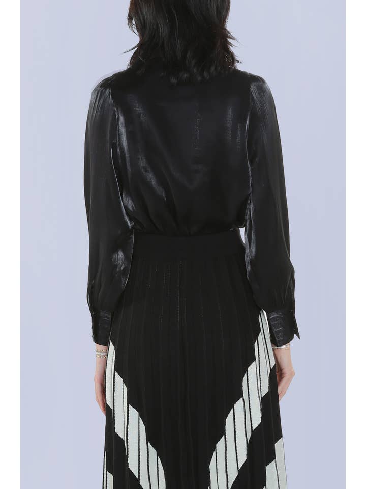 Black Glossy Bow Tie Blouse With Pearl trim
KC2454-L for wholesale on Faire