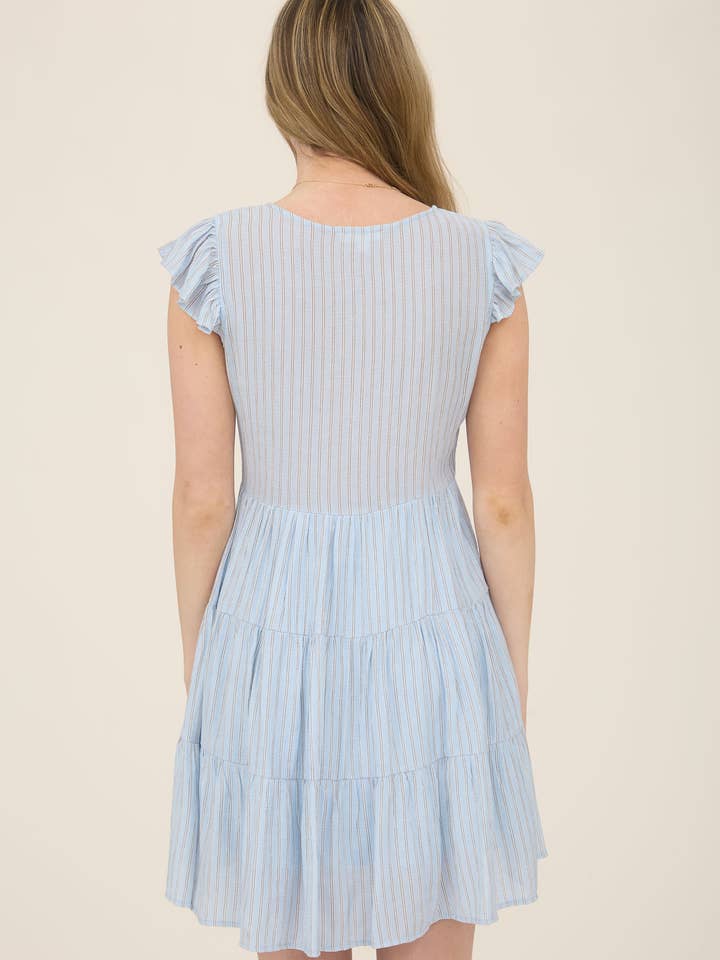 Blu Pepper - Wholesale Dress - Women's - STRIPE V NECK BUTTON DOWN TIERED MINI DRESS