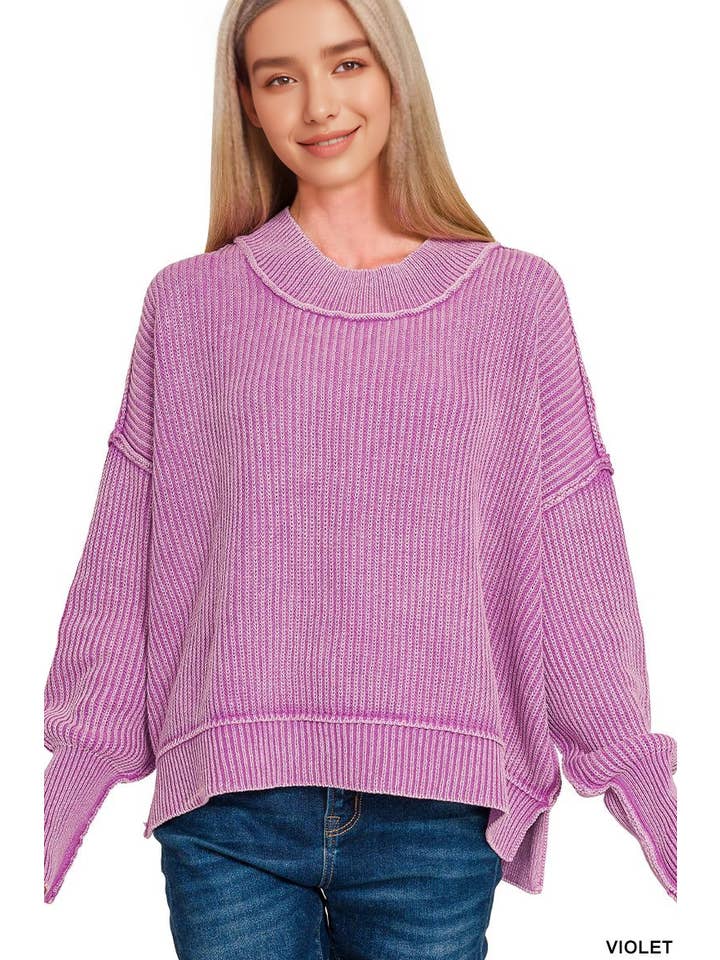 42POPS - Wholesale Knit Sweater - Women's - ....1014 Washed Side Slit Oversized Cropped Sweater SI-2651015