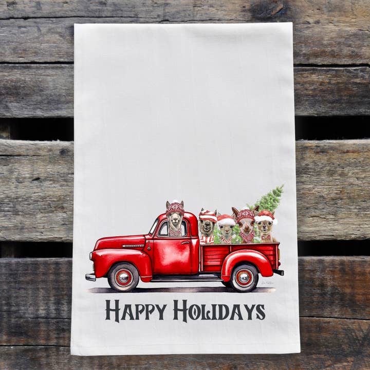Christmas Alpaca Tea Towel, 'Red Farm Truck' Kitchen Towel for wholesale by Hippie Hound Studios