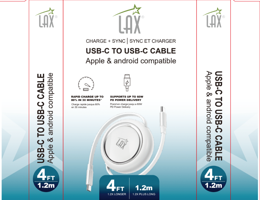 LAX Gadgets – wholesale Laddningskabel – Infällbar 100W USB-C till USB-C 4ft kabel - detaljhandelsförpackning10