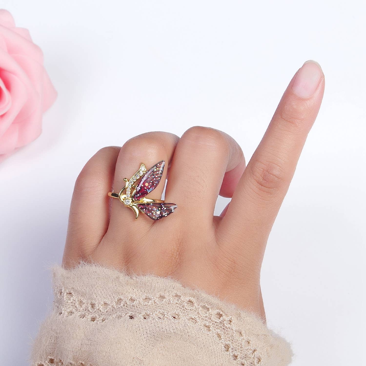 Aim Eternal - Vente Bague avec plusieurs pierres - Antenne élégante en forme de papillon avec micro pavé fuchsia/bleu4