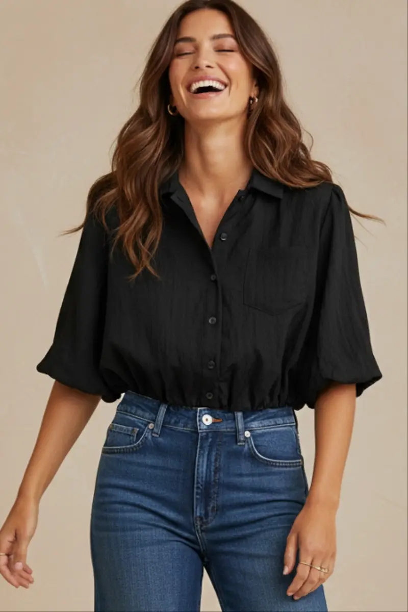 Naked Zebra - Wholesale Blouse - Women's - Short Sleeve Cropped Button Up Blouse15