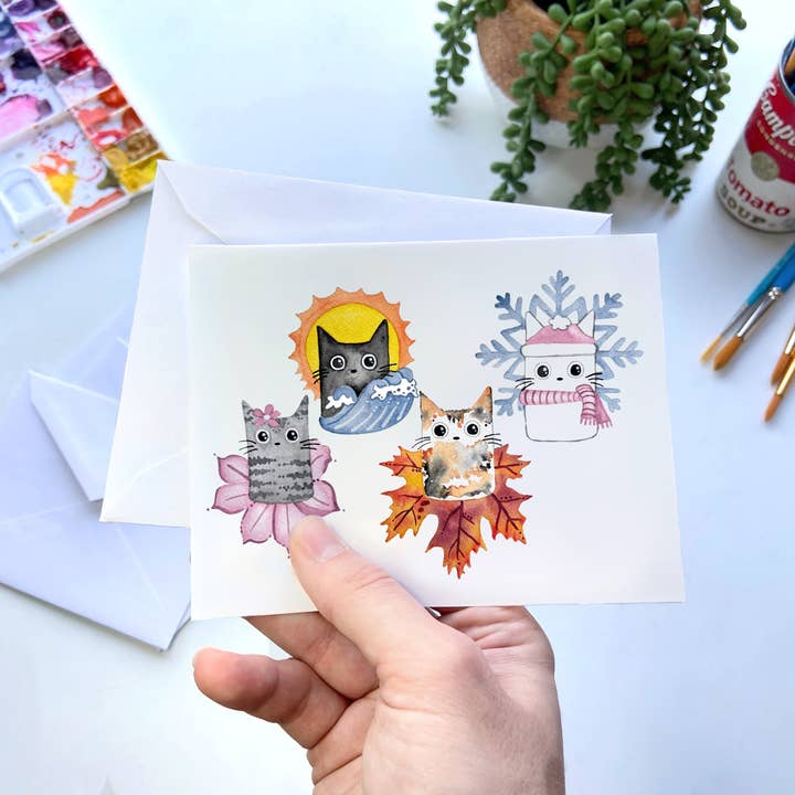 Four Seasons Cats Watercolor Greeting Card – Seasonal Cat for wholesale by Owlfeathers Watercolor
