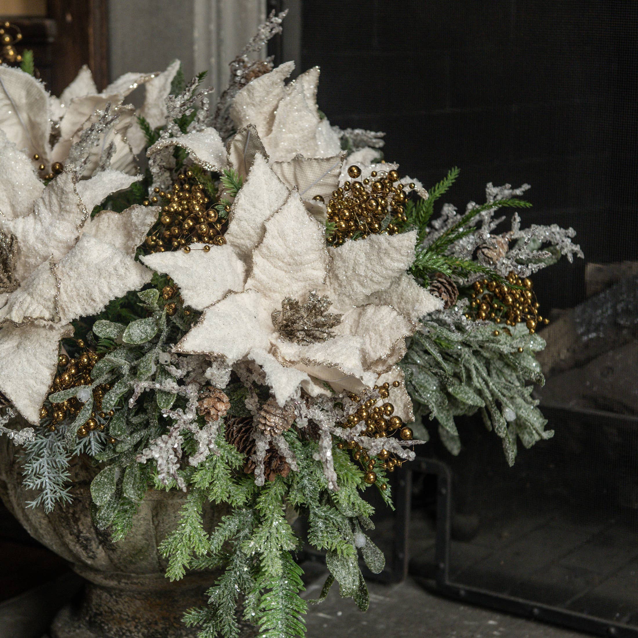 Ragon House – wholesale Konstgjorda blommor – 22" KRÄMFÄRGAD GLITTRIG JULSTJÄRNA PÅ PINNE0