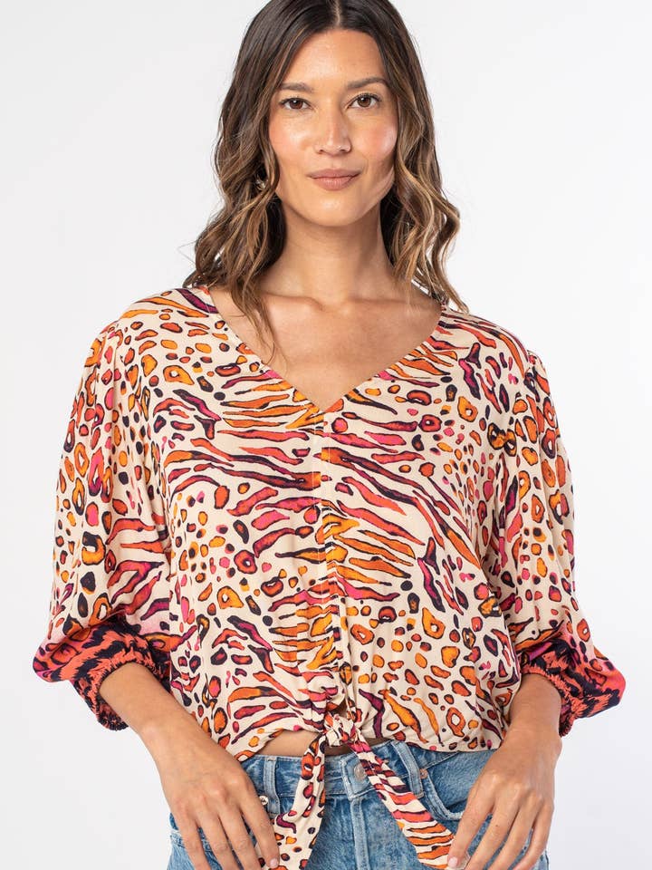 Leopard 3/4 Sleeve Tie Front Blouse for wholesale by Lovestitch