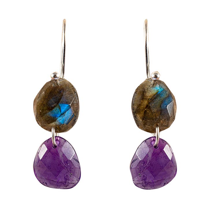 Boucles d'oreilles pendantes en argent sterling Chatham en labradorite et améthyste pour la vente par Saraswati Imports