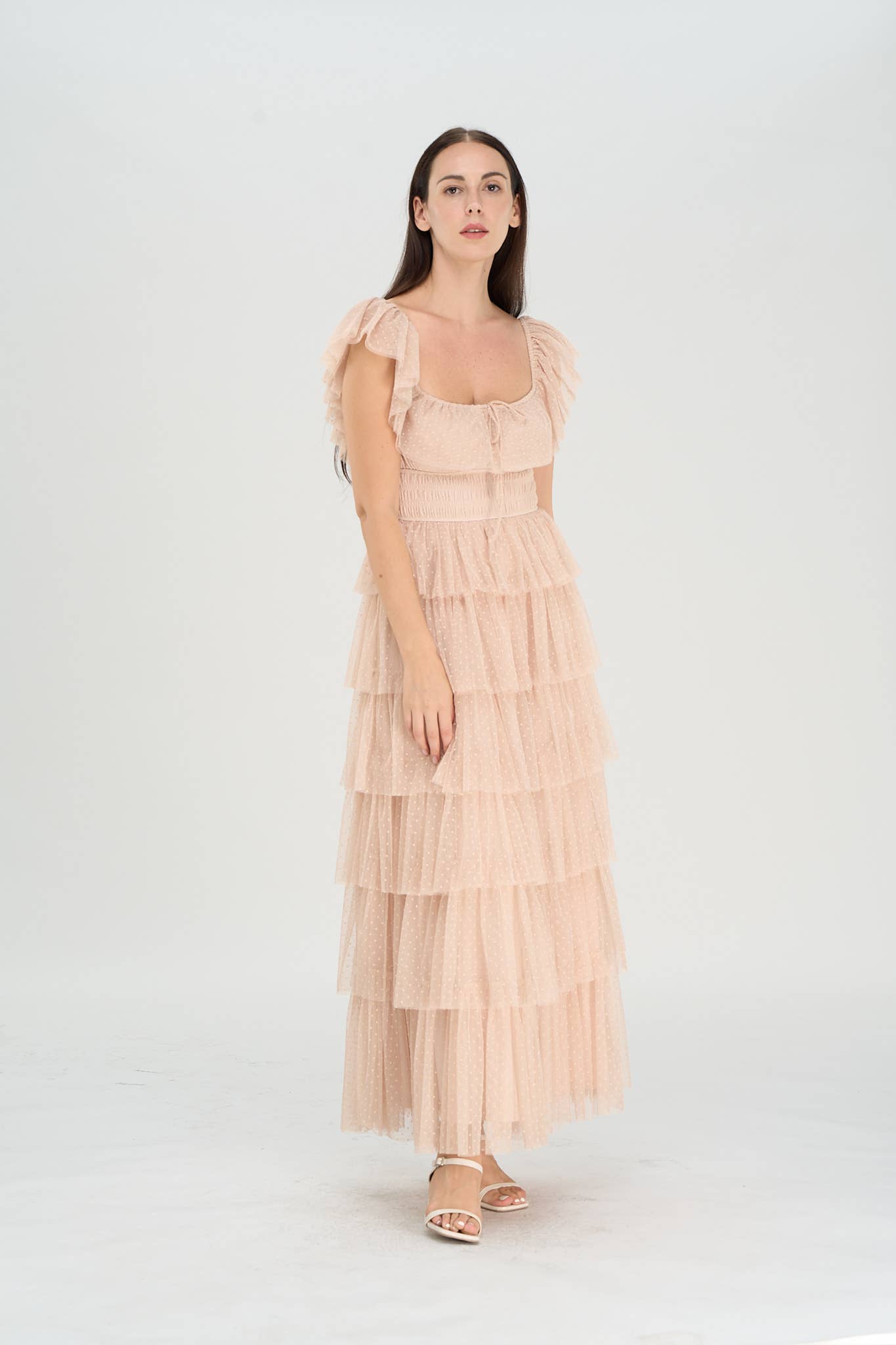 DUSTY ROSE - Venta al por mayor Vestido - Mujer - Vestido largo de tul con lunares en capas Whimsy16