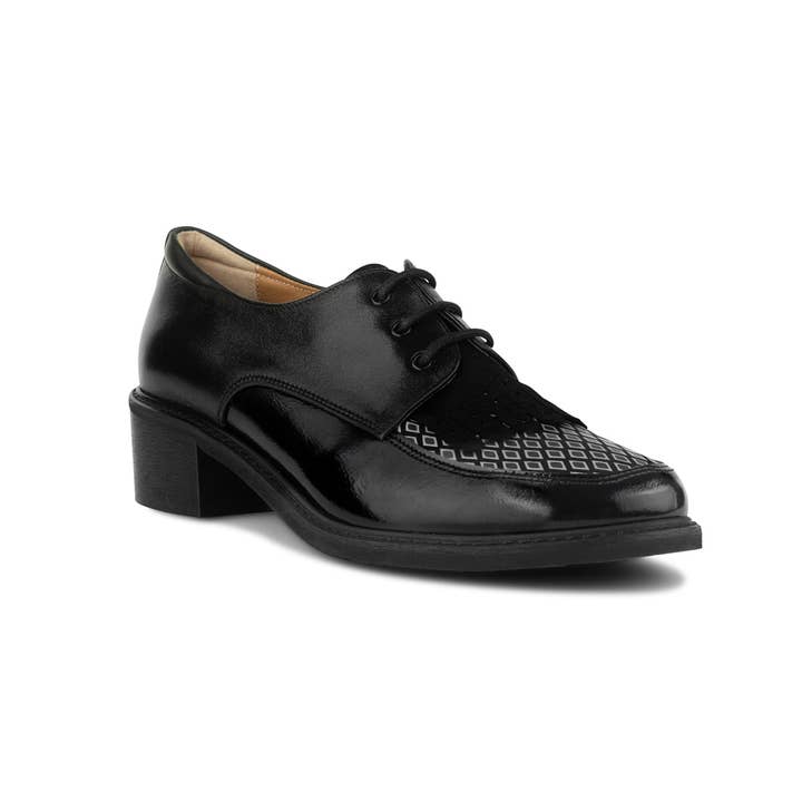 Embassy London – wholesale Oxford shoes – Women′s – Retro Tone - Black & Grey Diamond - Women's leather lace-up with signature kiltie detail2