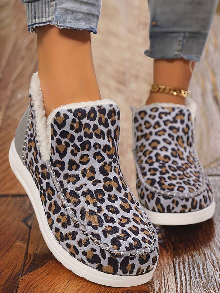 1 the Woman - Wholesale Boots - Women's - Leopard Print Ankle Patched Flat Winter Fur Boots