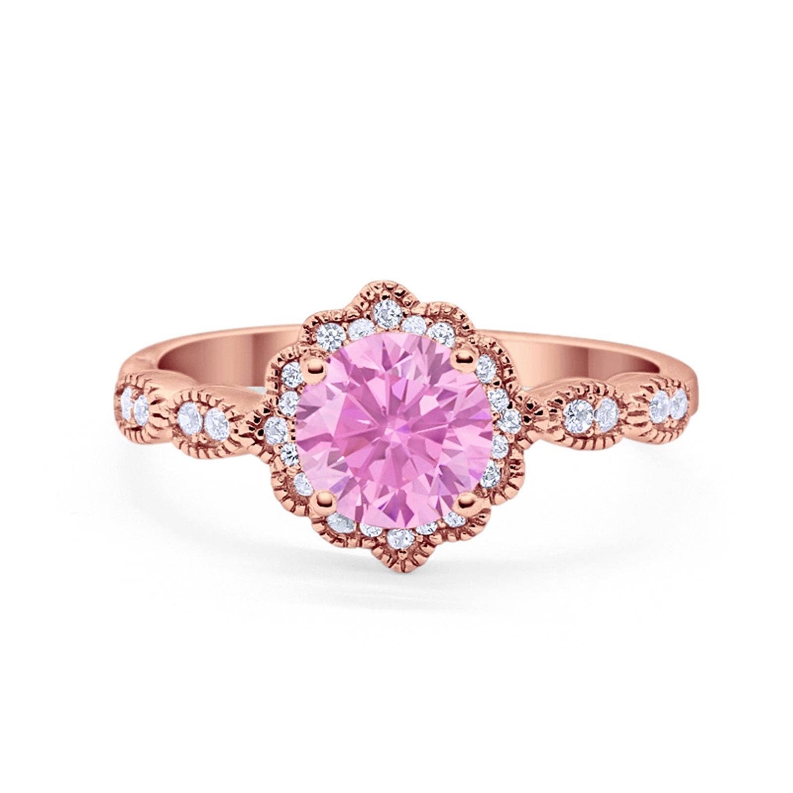 Halo Floral Art Deco Wedding Ring Rose Tone, Simulated Pink Morganite CZ for wholesale on Faire0