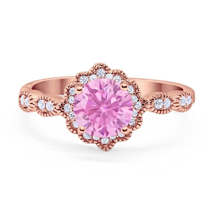 Halo Floral Art Deco Wedding Ring Rose Tone, Simulated Pink Morganite CZ for wholesale on Faire0