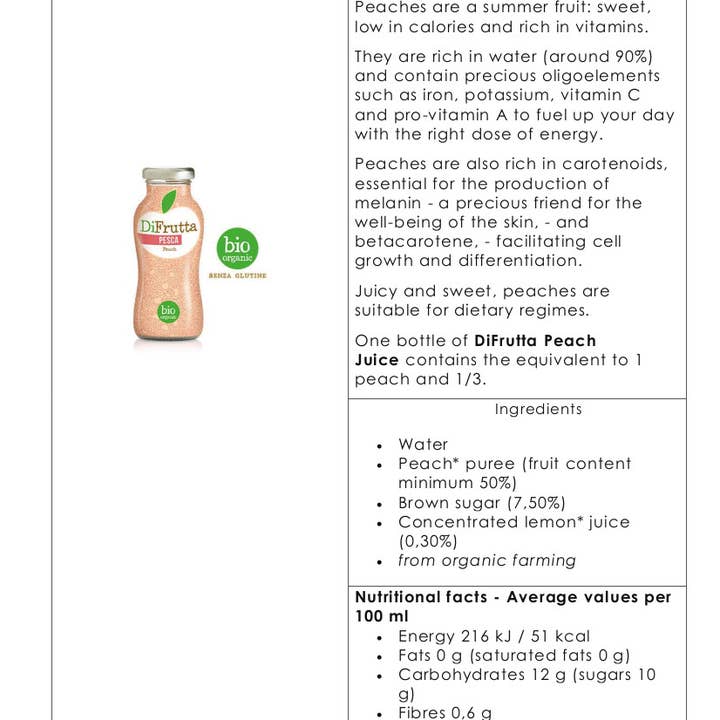 Metina SAS - Wholesale Fruit juice - Peach DiFrutta Organic Fruit Juice 20 cl.2