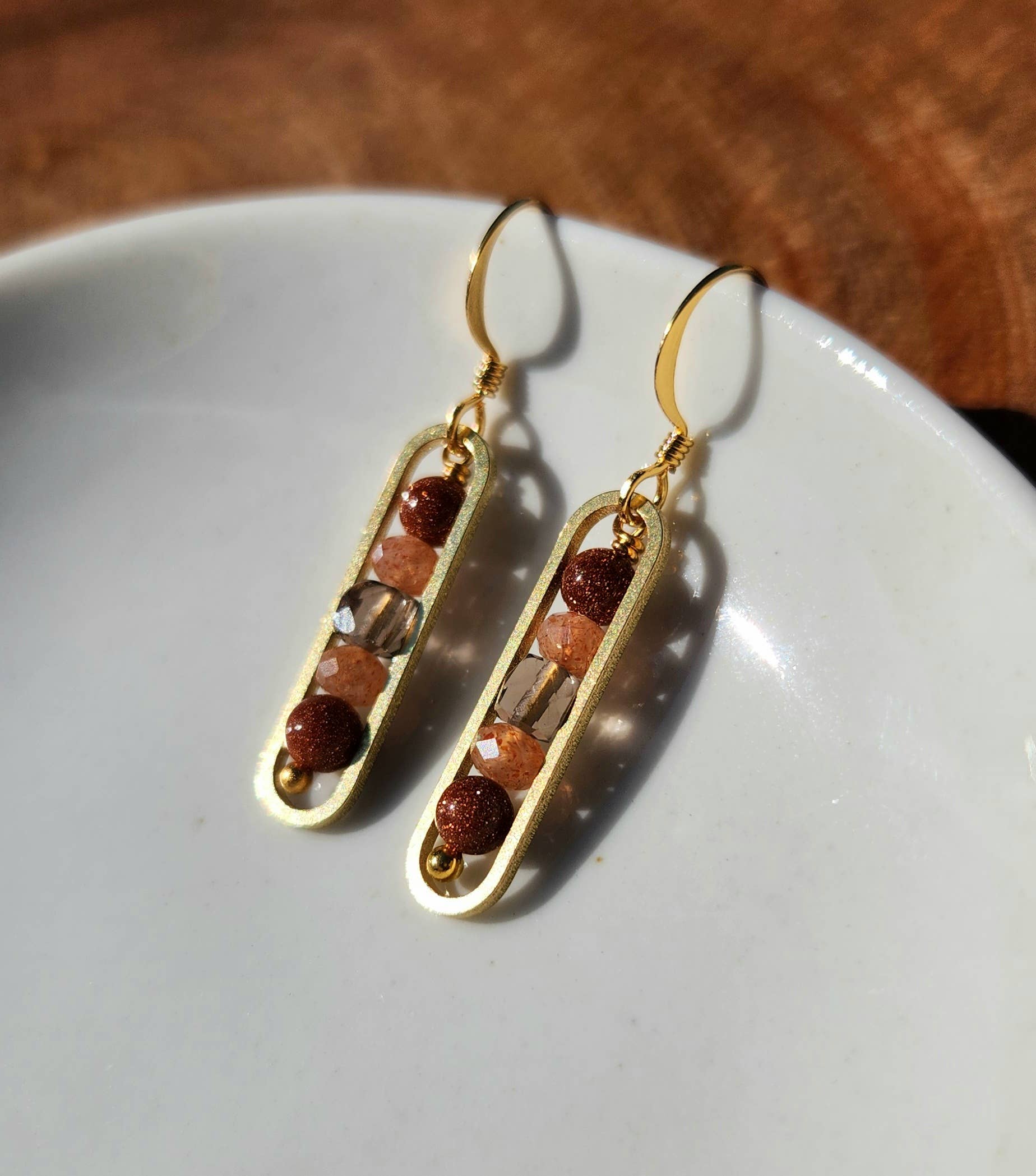 Edgy Petal Jewelry - Wholesale Dangle Earrings - Goldstone, Sunstone and Smoky Quartz Gold Peapod Earrings