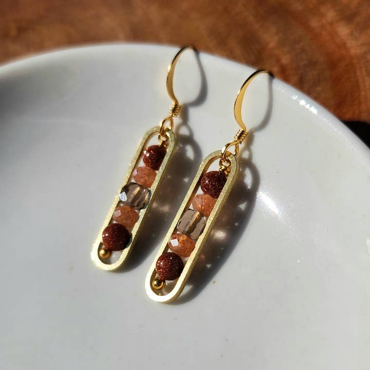 Edgy Petal Jewelry - Wholesale Dangle Earrings - Goldstone, Sunstone and Smoky Quartz Gold Peapod Earrings0