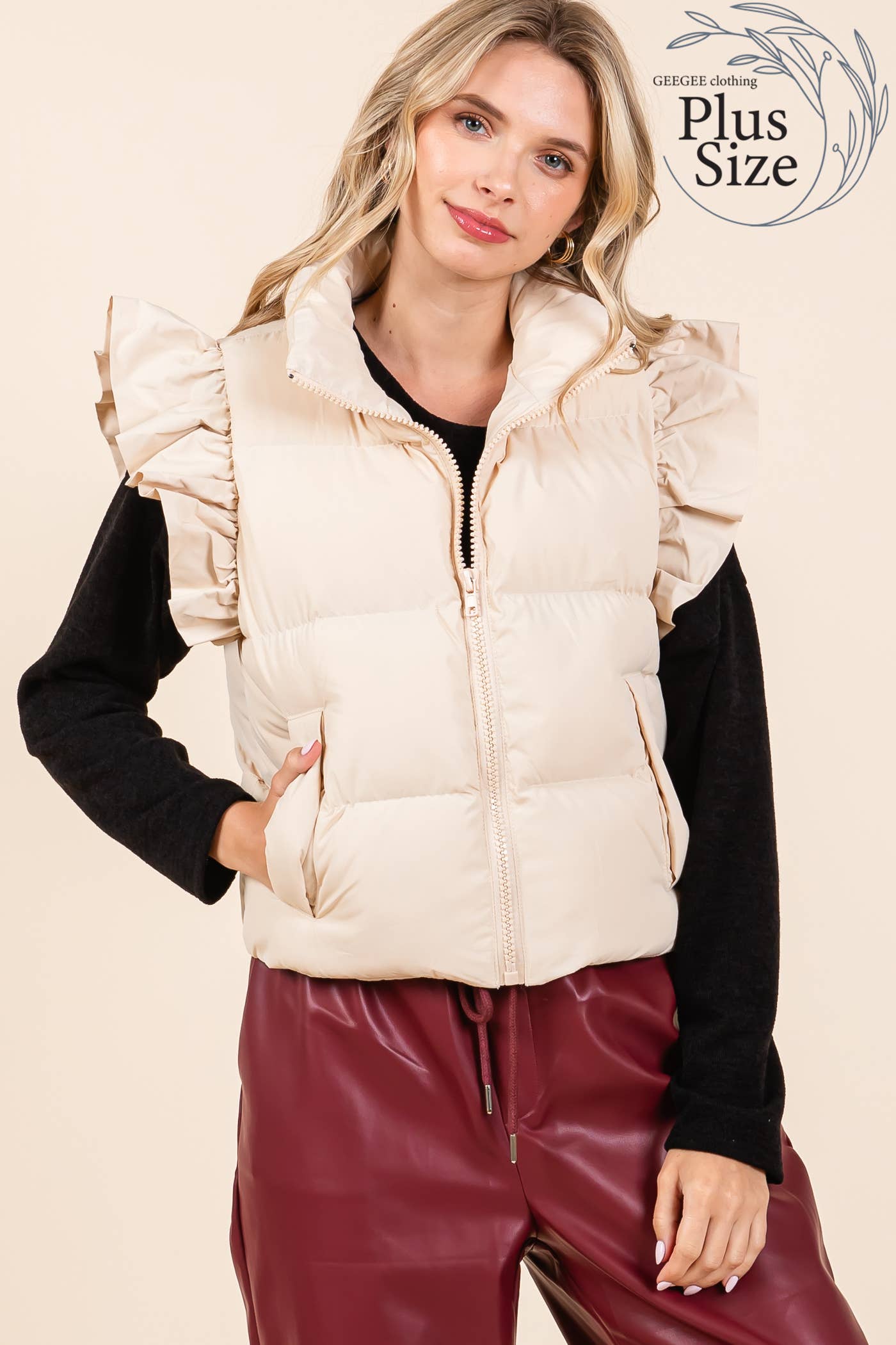 GeeGee x Lovelo - Wholesale Outerwear Vest - Women's - Plus Ruffled Sleeve Puffer Vest, MJ4501PL29