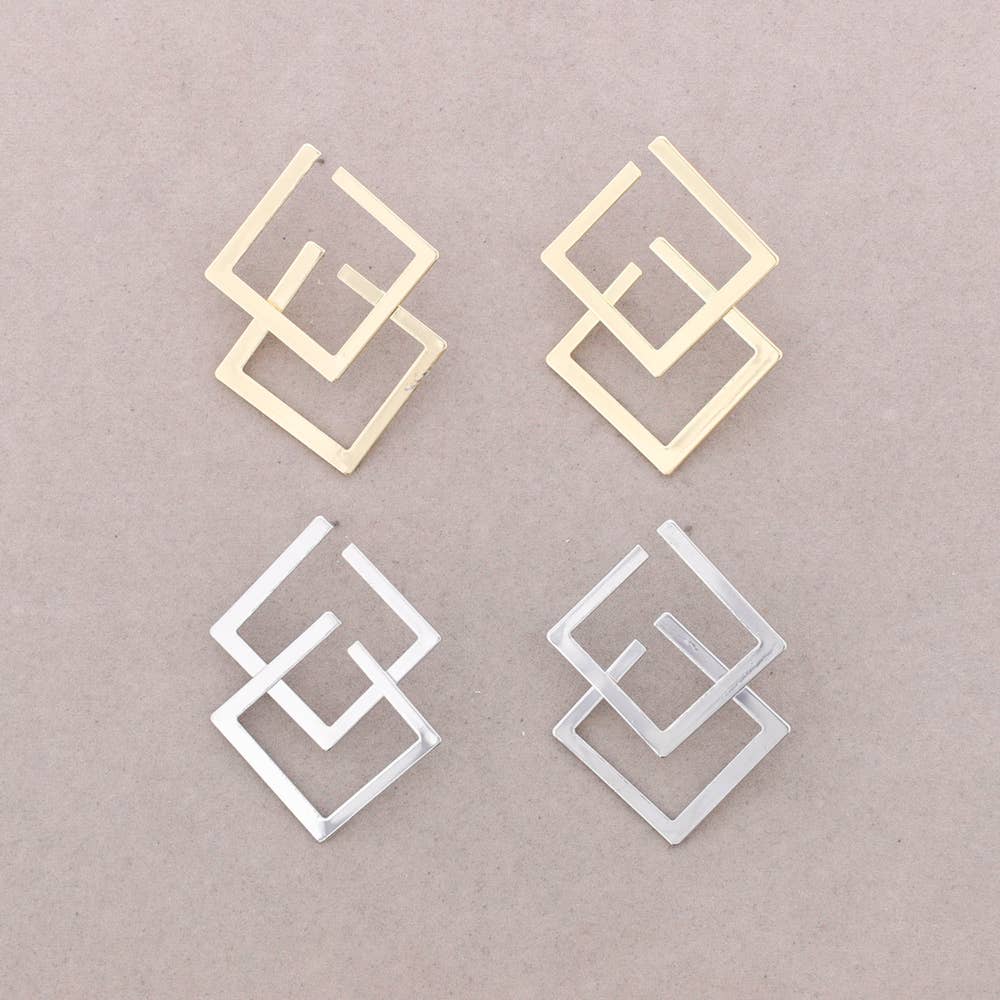 Sonata - Wholesale Snap Jewelry - Double Square Metal Clip-On Earrings2
