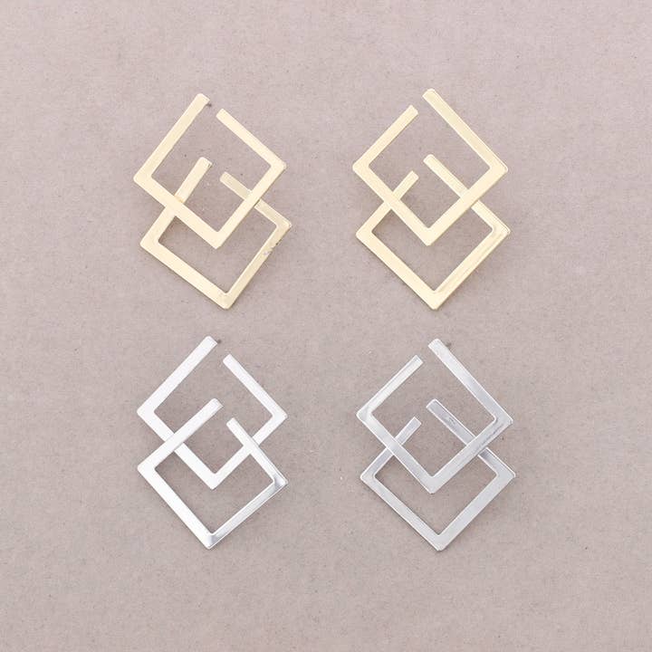 Sonata - Wholesale Snap Jewelry - Double Square Metal Clip-On Earrings2