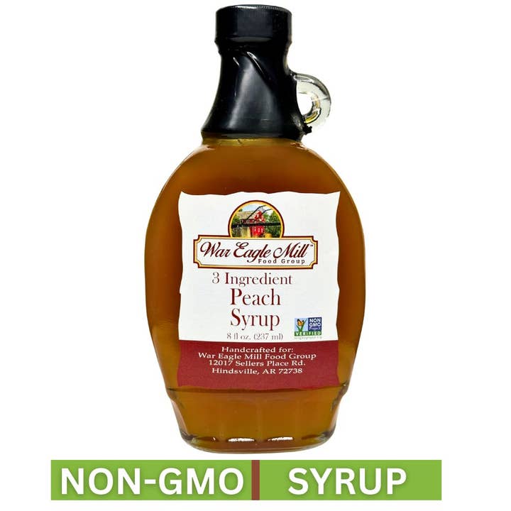 Peach Syrup, Non-GMO, 8 fl oz Bottle for wholesale by War Eagle Mill Food Group