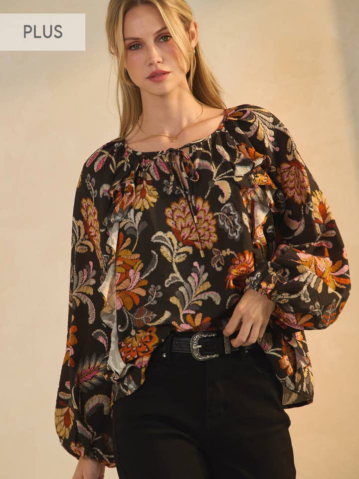 Plus Floral Printed Long-sleeve Blouse for wholesale by Oddi