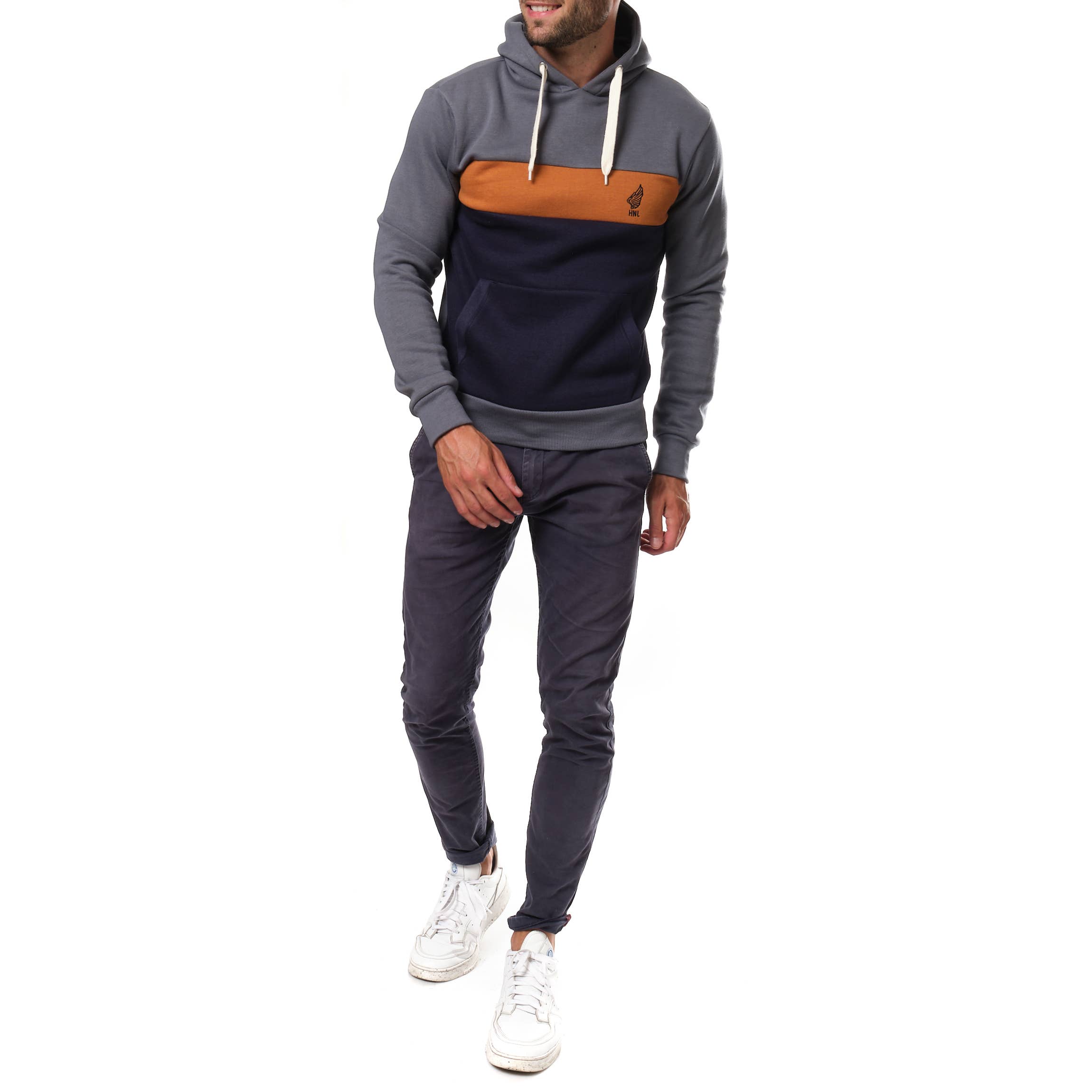 GRIGIO Felpa grigia da uomo in pile con cappuccio tricolore in vendita all'ingrosso su Faire3