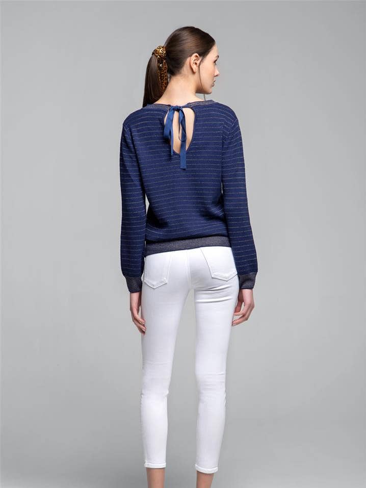 Lulu trui van katoen en modaal strikwerk met metalen streep voor wholesale door RUMOUR LONDON