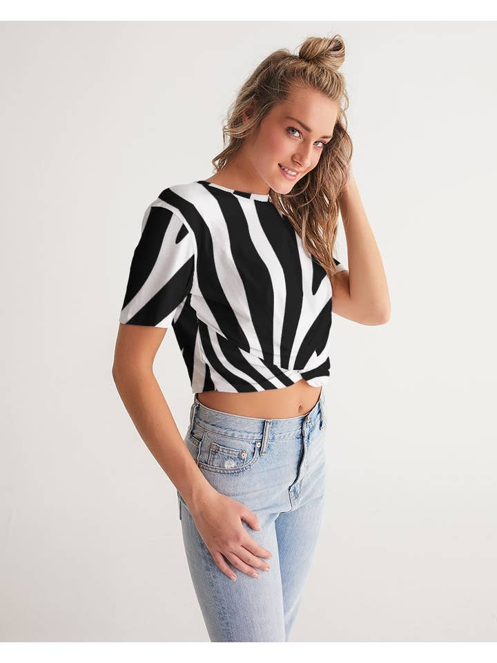 white base color Zebra Women's Twist-Front Cropped Tee for wholesale on Faire6