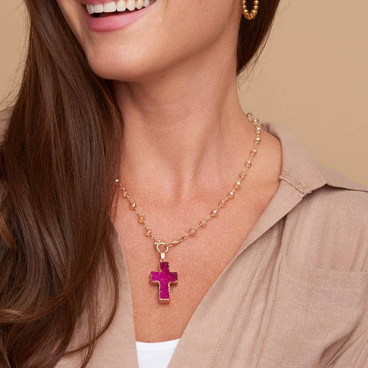 Cross Necklace Druzy Gold 20" Pendant Beaded Chain for wholesale by Howard's