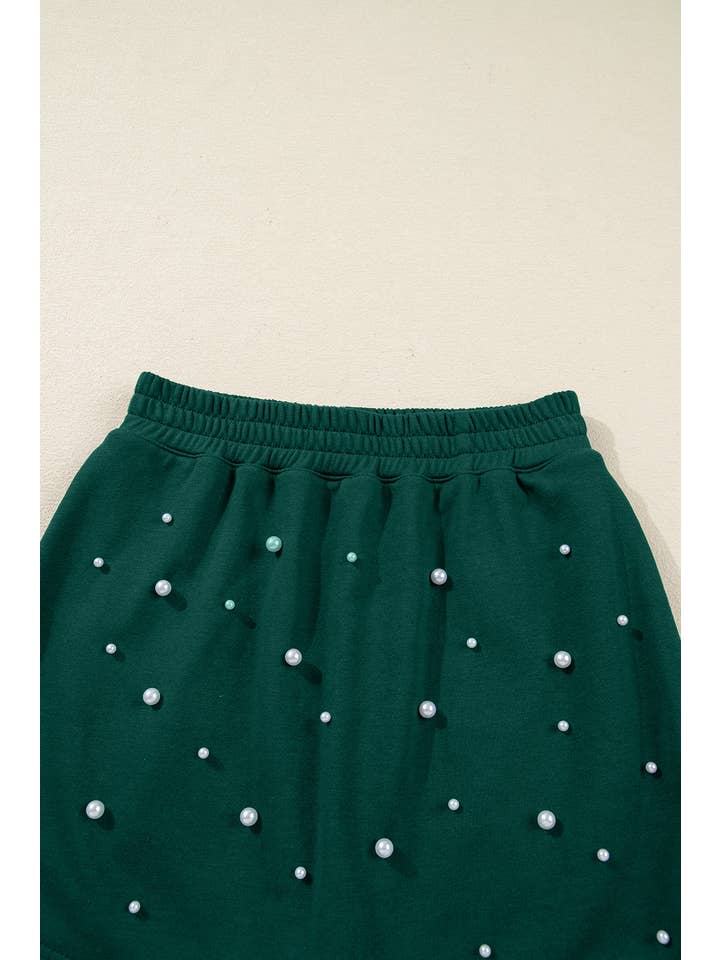 Green Pearl Embellished Pullover and Elastic Waist Mini Skirt Set for wholesale on Faire4