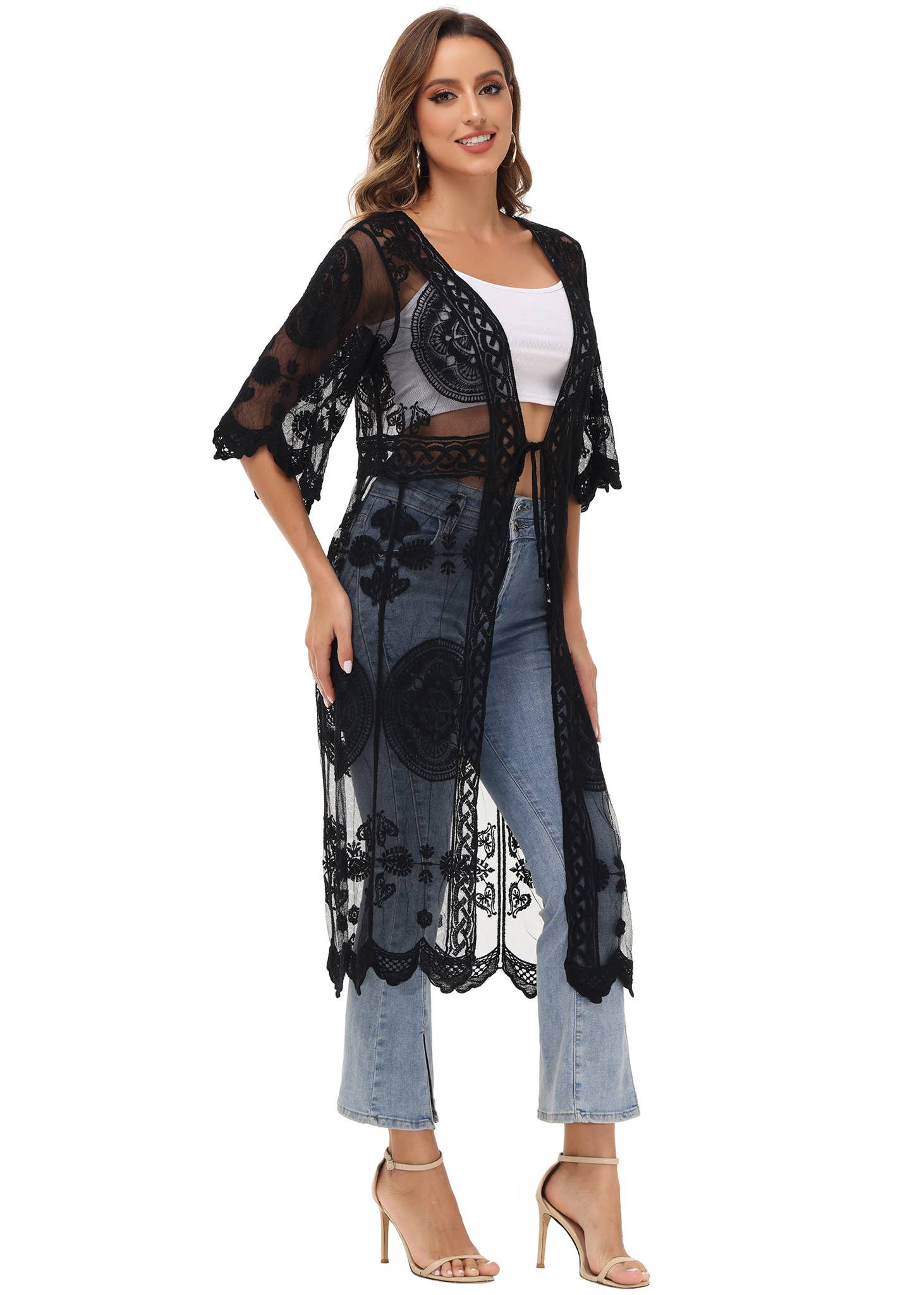 Anna Kaci Wholesale - Wholesale Swim Cover Up - Women's - Half Sleeve Tie Front Embroidered Lace Kimono Cardigan Cover8