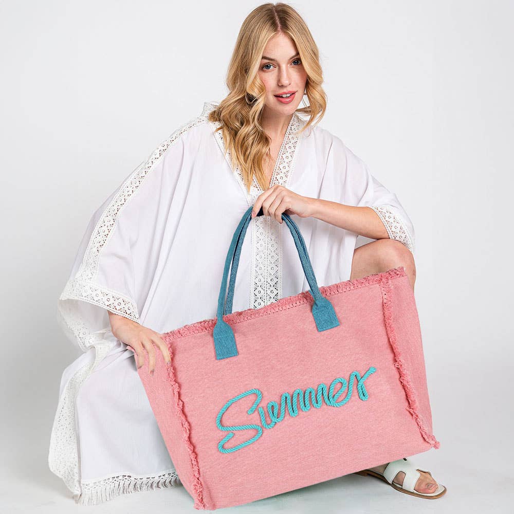 Sensibling Corp. - Venta al por mayor Bolsa de asa- Mujer - Bolso de playa de lona con flecos y mensaje bordado SUMMER8