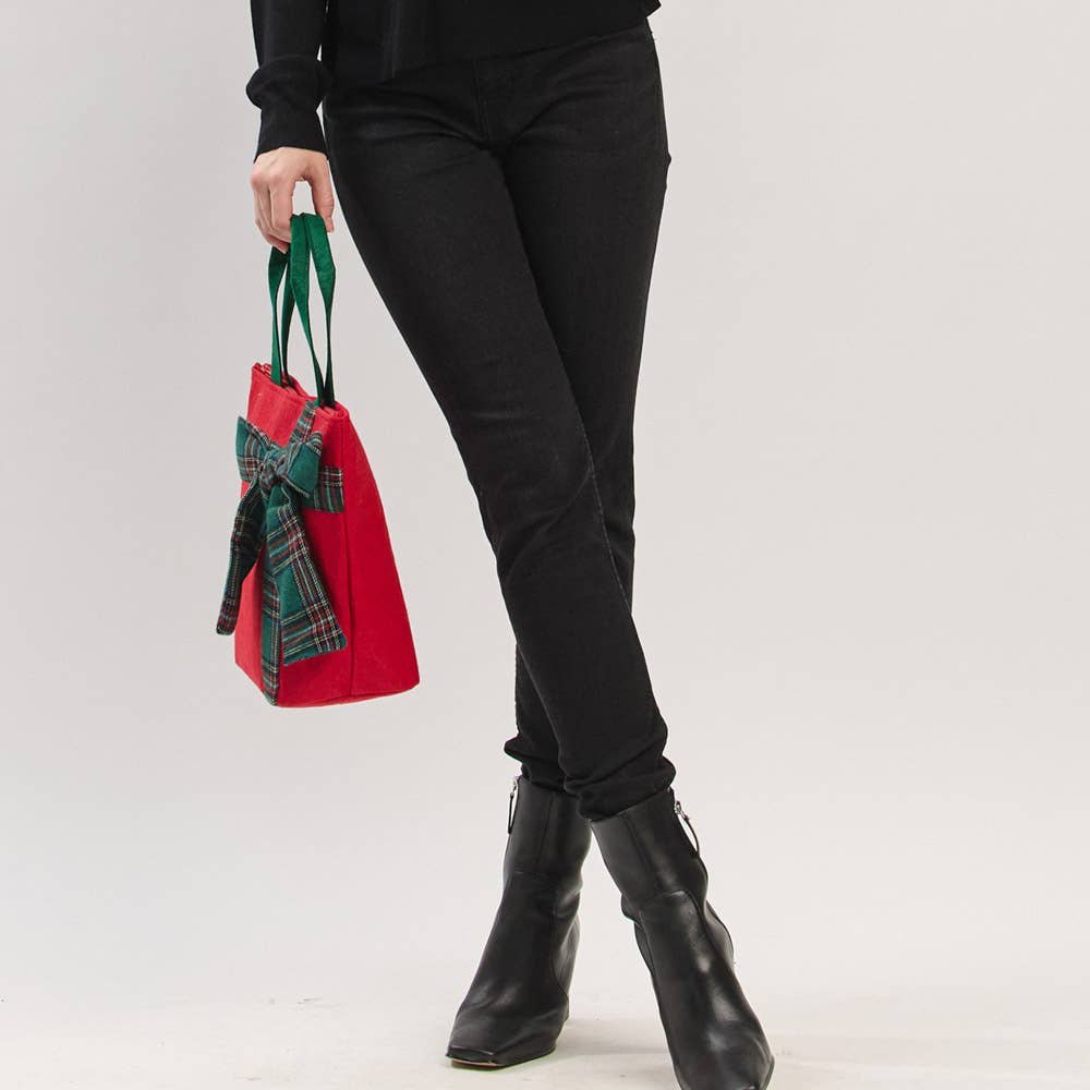 JOIA ACCESSORIES - Wholesale Tote Bag - Women's - CHRISTMAS GREEN TOTE BAG WITH RED PLAID BOW, MB 032113
