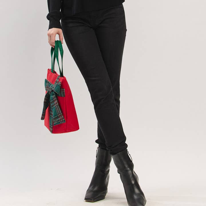 JOIA ACCESSORIES - Wholesale Tote Bag - Women's - CHRISTMAS GREEN TOTE BAG WITH RED PLAID BOW, MB 032113