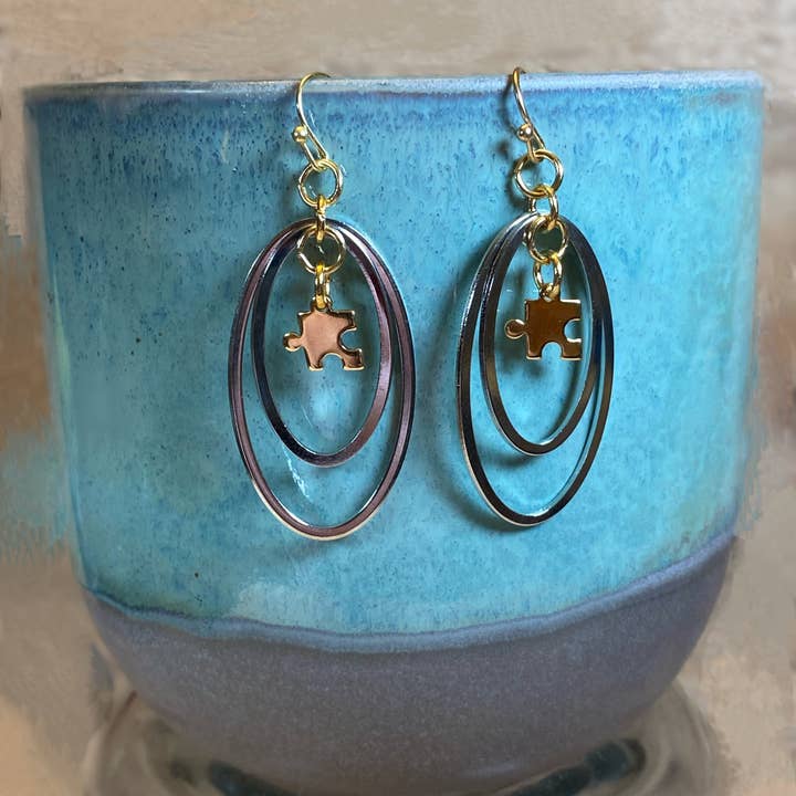 Earth & Sparkle - Wholesale Dangle Earrings - Autism Awareness Oval in Oval Puzzle Piece Earrings
