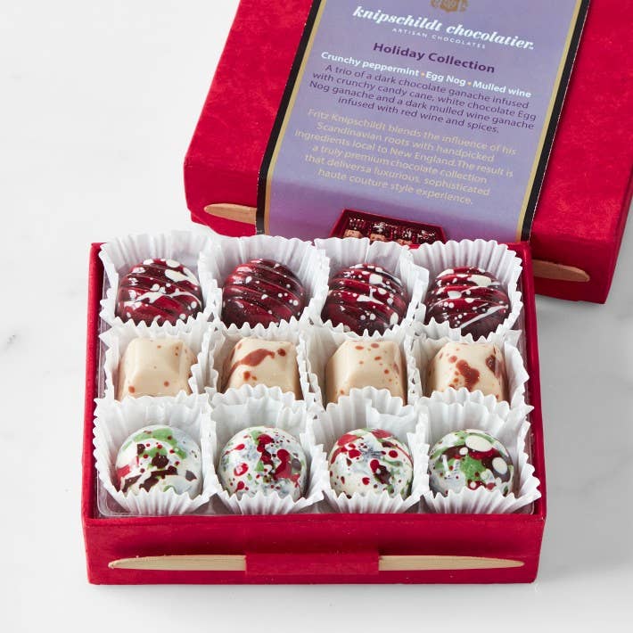 Knipschildt Chocolatier - Wholesale Chocolate Box - 12pc Holiday Trio: Mulled Wine, Eggnog, Crunchy Candy Cane