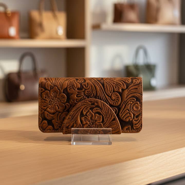 Portefeuille en cuir véritable pour femmes embossé – Marron (feuille) pour la vente par Alta Quero