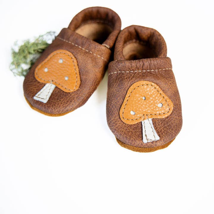 Mushrooms on Sepia Leather Shoes Moccs Baby and Toddler for wholesale by Starry Knight Design