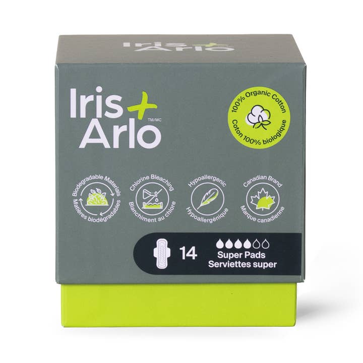 Serviettes hygiéniques : serviettes super en coton 100 % biologique (boîte de 14) pour la vente par Iris + Arlo