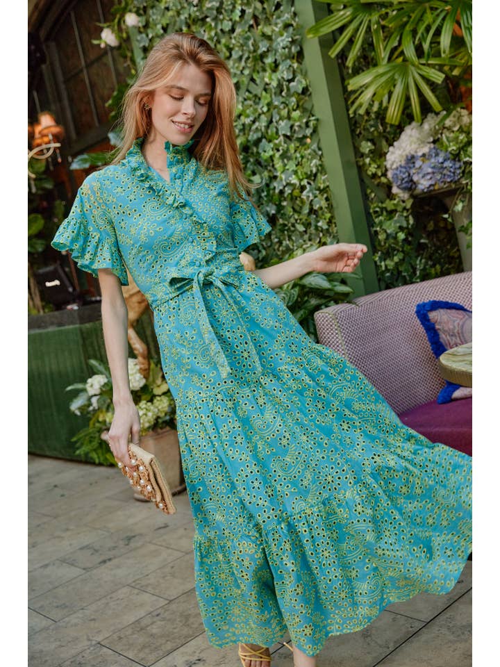Sadie Maxi Dress Teal and Chartreuse Jasmine Eyelet for wholesale on Faire5