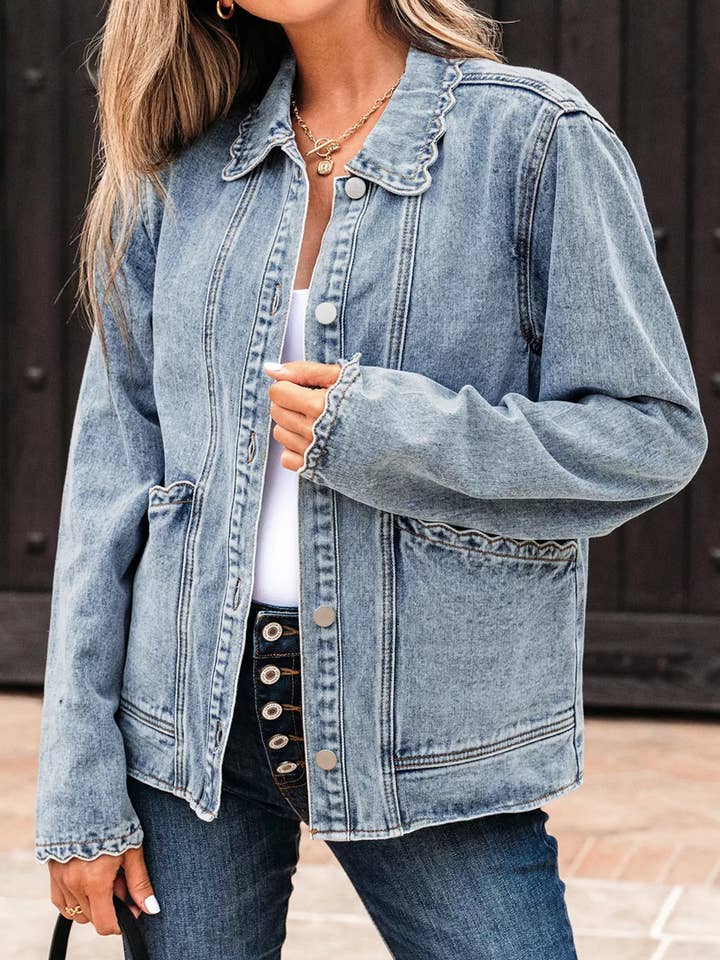 Scallop Trim Collar Patched Pocket Button Up Denim Jacket for wholesale by Beyond Apparel