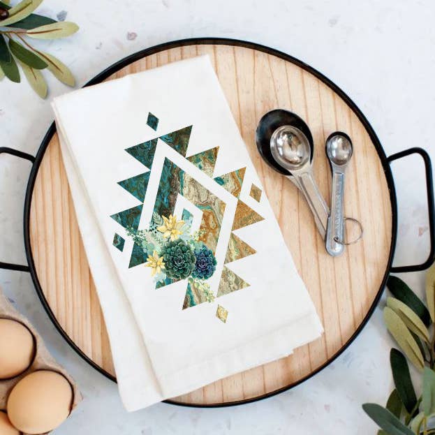 Western Blue Aztec Cactus Southwestern Cotton Tea Towel for wholesale by Avery Lane Gifts