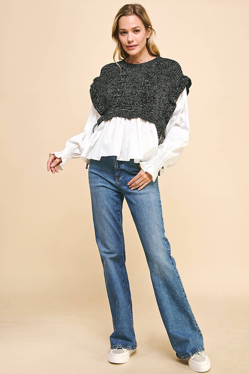 PINCH - Wholesale Blouse - Women's - WOVEN KNIT COMBO BLOUSE - 4974T (GREY)12