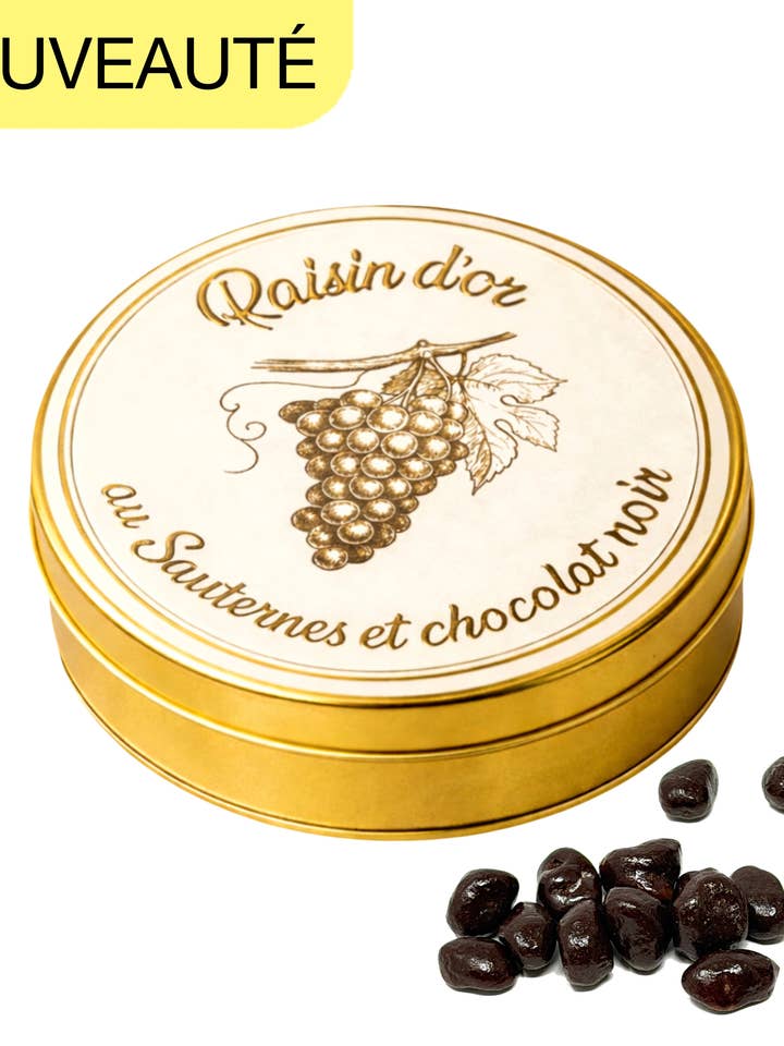 Uva Dourada em Sauternes e chocolate negro – Caixa cilíndrica 30 g por atacado de Cocoripop