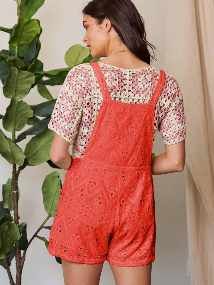 Hot Pink CROCHET LACE SHORT ROMPER WITH SIDE POCKETS for wholesale on Faire2