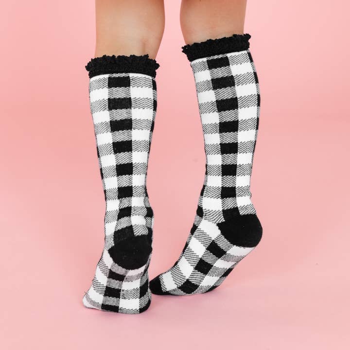 Buffalo Plaid Lace Top Knee High Socks for wholesale by Little Stocking Co.