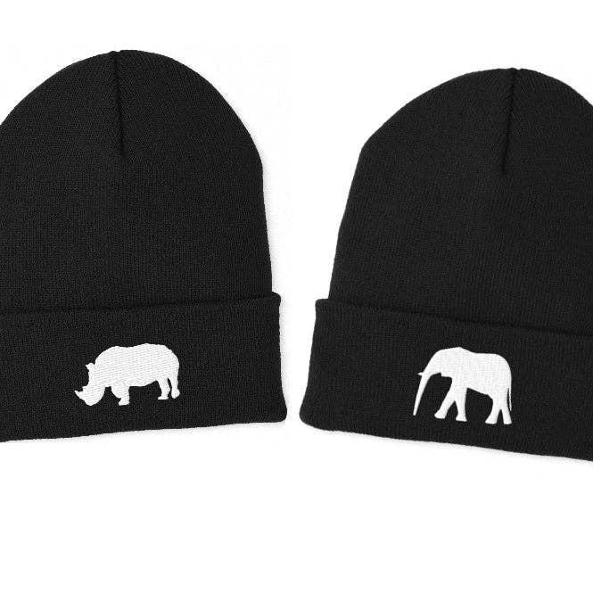Black Elephant & Rhino Beanie Gift Set – Warm, Embroidered Animal Hats for Adults for wholesale by Mila Inspired LLC